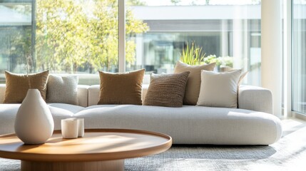 Poster - a spacious living room embodies a minimalist style with a plush, neutral-toned sofa adorned with sof
