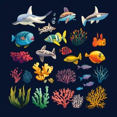 Canvas Print - Colorful cartoon fish, coral and seaweed collection.