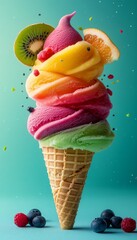 Sticker - Colorful ice cream cone with fruit toppings on turquoise background.