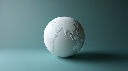 a white globe with continents embossed on it sits on a teal background, casting a shadow.