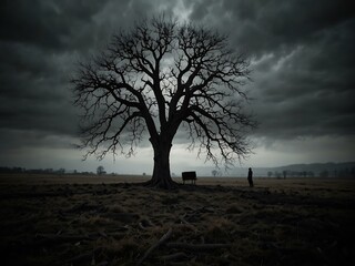 Wall Mural - Figure in despair beneath a leafless tree, conveying solitude in a moody atmosphere.