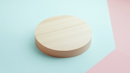 Poster - A round light wood podium is displayed on a soft pastel-colored background, highlighting its simple design. This layout creates an inviting aesthetic for showcasing products
