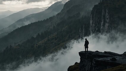 Sticker - Figure standing on a dramatic cliff surrounded by misty mountains, evoking isolation.