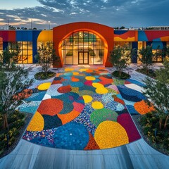 Canvas Print - Colorful mosaic walkway leading to the entrance of a modern building with a large arched window.