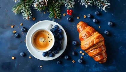 Wall Mural - Cozy winter breakfast of coffee, croissants, and blueberries on a dark blue surface, perfect for a cafe menu or culinary banner design