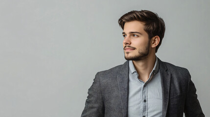 Poster - Serious young businessman with a well-groomed beard gazes upwards in contemplation