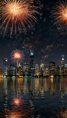 Fireworks over a city skyline and water reflections