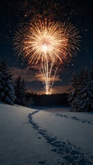 Sticker - Fireworks over a snowy landscape, contrasting the cold night.