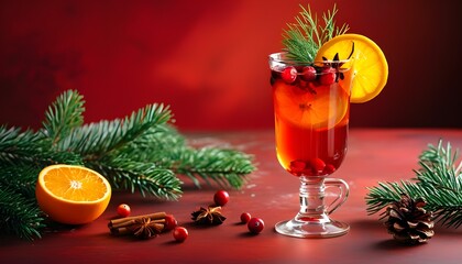 Wall Mural - Festive cranberry drink surrounded by pine leaves, fresh oranges, and anise stars on dark red table, perfect for Christmas and New Year celebrations