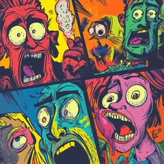 Comic book style illustration of five people with exaggerated expressions of shock and fear.