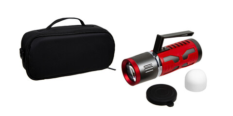 A red and black flashlight with a carrying case and two diffusers. The carrying case is made of black fabric and has a zipper closure. Isolate on white background.