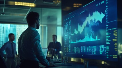 Aufkleber - In a contemporary boardroom, a man stands confidently at a digital screen, discussing financial charts and data analysis with engaged colleagues present