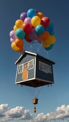 Sticker - Floating house lifted by balloons in a clear blue sky.