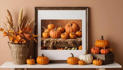 Wall Mural - Frame mockup during Autumn holidays surrounded by bright festive pumpkins and exquisite autumn bouquets on the stylish wooden chest of drawers. Fall holiday mood. Harvest festival. Thanksgiving. Hallo