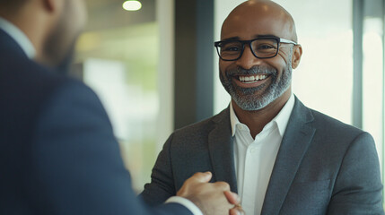 Poster - Cheerful businessman is shaking hands with a partner in a contemporary office setting