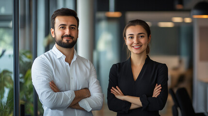 Male and female entrepreneur stand in a contemporary office, smiling with arms crossed