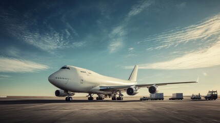 a large cargo aircraft awaits clearance on the runway, with the expansive blue sky above and ground 
