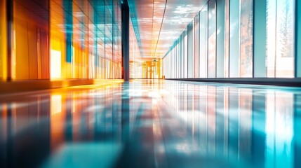 Poster - a long corridor features sharp architectural lines and a blurred perspective, with colorful reflecti