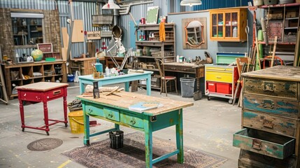 Wall Mural - Workshop with Vintage Furniture and Tools