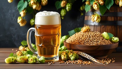 Wall Mural - Refreshing beer in frothy glory on wooden table, featuring golden hops and grains, perfect for traditional brewery promotion and banner design with ample text space