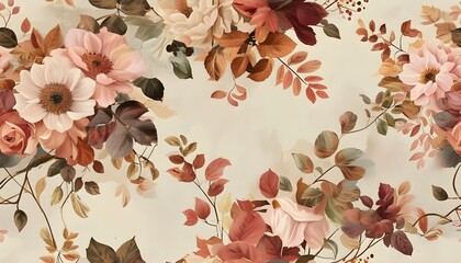 Wall Mural - Vintage floral pattern in soft pink, coral, and cream hues with lush foliage, embodying autumnal charm for stylish wallpapers, textiles, and elegant packaging designs