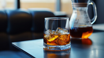 Wall Mural - A glass of whiskey with ice sits on a black table, next to a carafe of hot coffee.