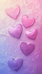 Sticker - Five pink and purple hearts on a textured pastel background.