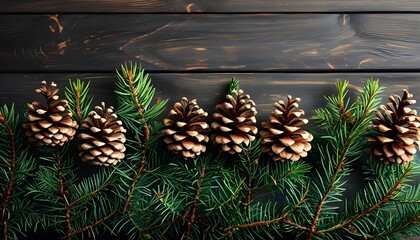 Wall Mural - Pinecones and Green Fir Branches on Dark Wood for Christmas and New Year Greetings