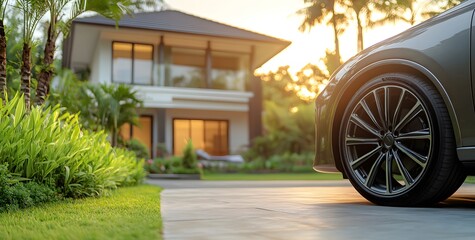 Wall Mural - Car on the driveway of a luxury house in a suburban area, close-up of car wheels and villa background