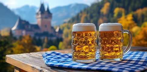 Two mugs of beer on wooden table with blue and white checkered cloth, background is blurred landscape