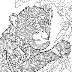 A detailed line drawing of a monkey, featuring intricate patterns and surrounded by leaves, ideal for coloring or artistic exploration.