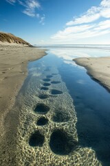 Wall Mural - Footprints in the sand visible through clear water on a beach.