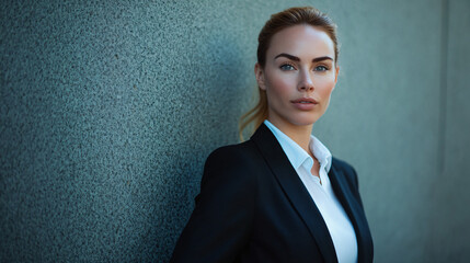 Canvas Print - Self-assured female entrepreneur leaning against urban concrete wall, radiating success and professionalism in fashionable outfit outside office building