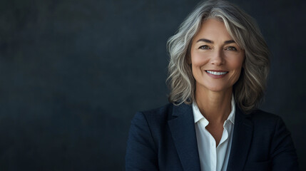 Poster - Smiling mature businesswoman with gray hair standing against a blue background