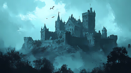 Wall Mural - Castle stronghold fortress with melancholic scene. monument medieval landmark. generative ai technology. Melancholic. Illustration