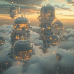 Poster - Futuristic city of floating domes in the clouds.