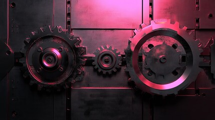 Poster - A close-up view of interlocking gears on a metallic surface, illuminated with pink lighting, emphasizing industrial design.