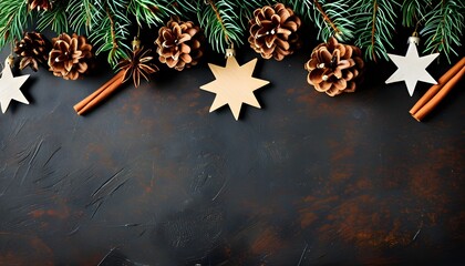 Poster - Rustic holiday arrangement of pinecones, star ornaments, and cinnamon sticks on a dark background, perfect for festive design and Christmas cheer