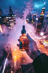 Wall Mural - A hand holding a bottle of vape in a city with smoke and lights