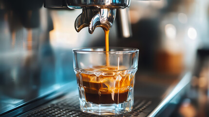 Someone is making coffee by pouring it into a glass cup using an espresso machine.