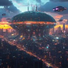 Sticker - Futuristic cityscape with a large, domed building in the center and flying vehicles in the sky.