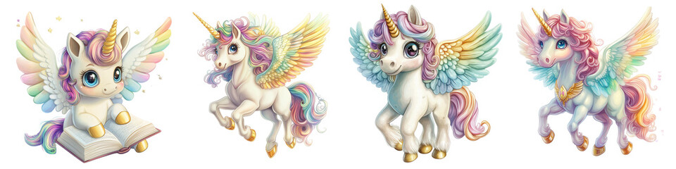 Cute unicorn with golden hooves and colorful hair, set , cartoon style, transparent background, png.