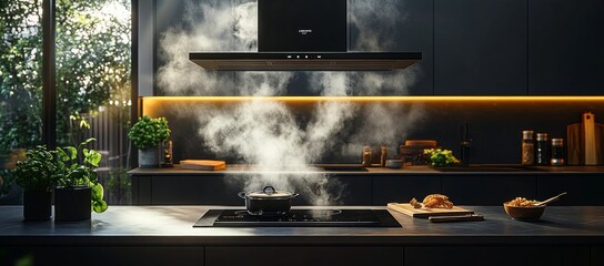 Induction stove, oven and range hood on modern kitchen with wooden furniture. Stainless pan on glass ceramic hob. Cooking food on electric cooker at home. Household appliance. Apartment interior