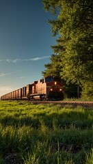 Wall Mural - Freight train traveling through green fields under a clear sky.