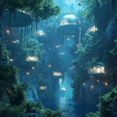 Poster - Futuristic dome houses nestled within a lush, verdant canyon, glowing with light, overlooking a tranquil river.