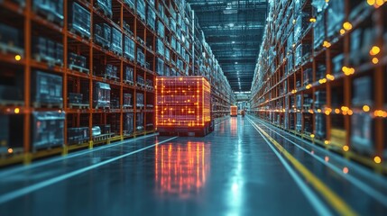 Poster - AI systems analyzing warehouse data to enhance logistics efficiency in a modern storage facility