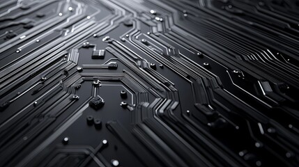 Poster - A close-up view of a black circuit board showcasing intricate pathways and components, emphasizing technology and design.