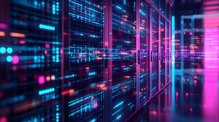 Load Balancing - Illustrate a dynamic load balancing system with multiple servers evenly distributing network traffic, represented by flowing streams of data balancing across a digital landscape