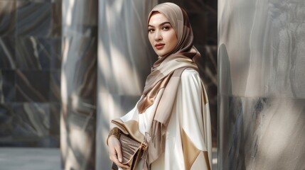 Poster - Woman In Hijab Standing  Against a Modern Stone Wall