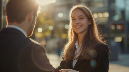 Poster - Businesswoman and businessman shaking hands with smiles in the city at sunset
